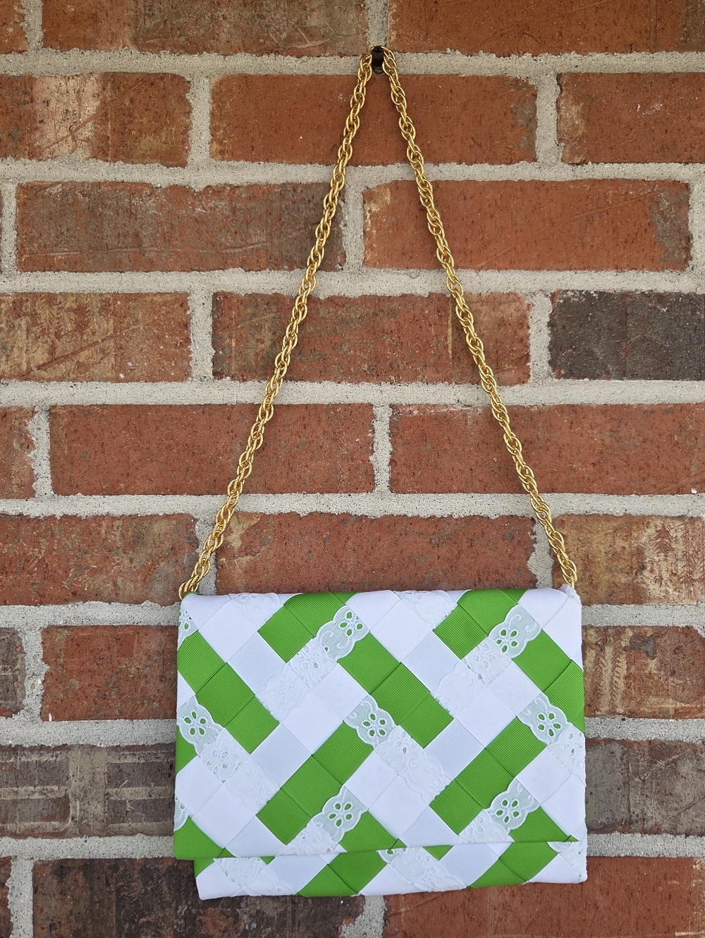 Green and White Vintage BABS' Hand Woven Ribbon Shoulder Clutch Gold Chain Strap